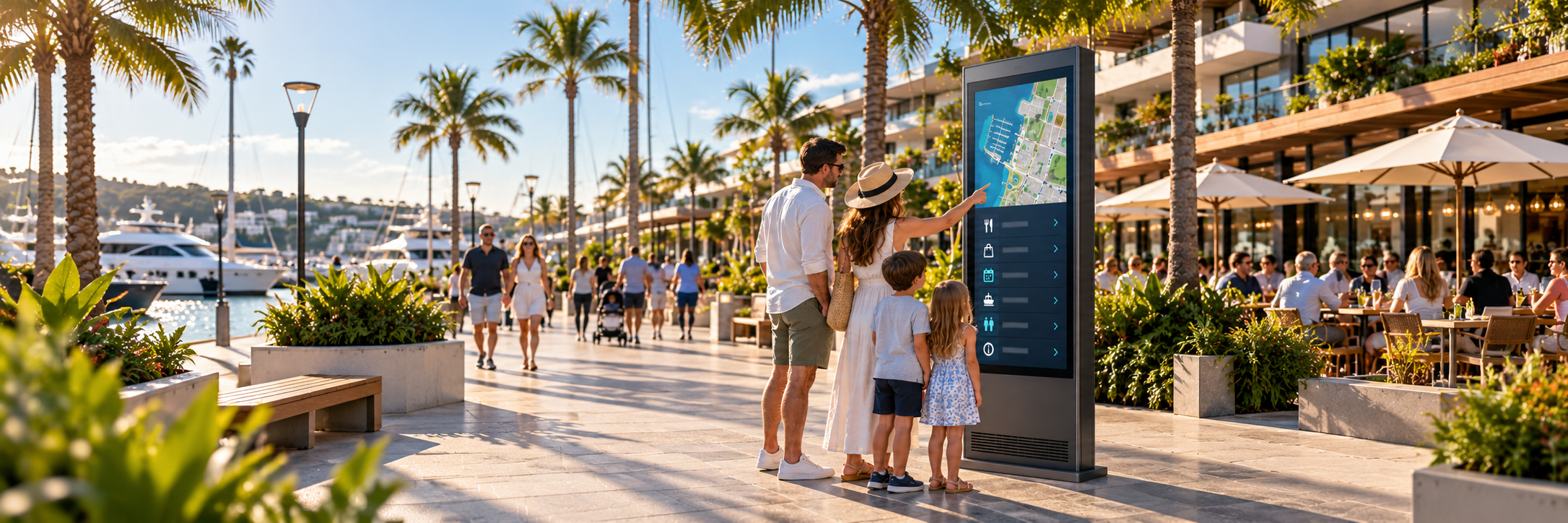 Family engaging with a freestanding digital information display in a marina and public precinct environment