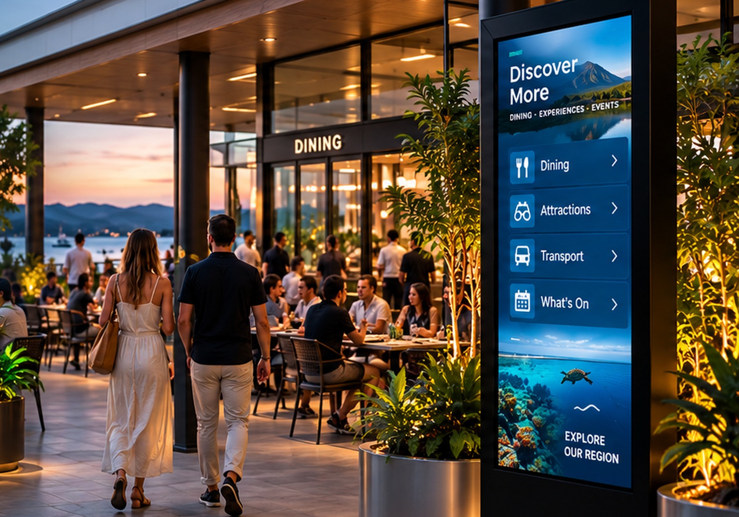 People moving through a physical environment with a digital information point