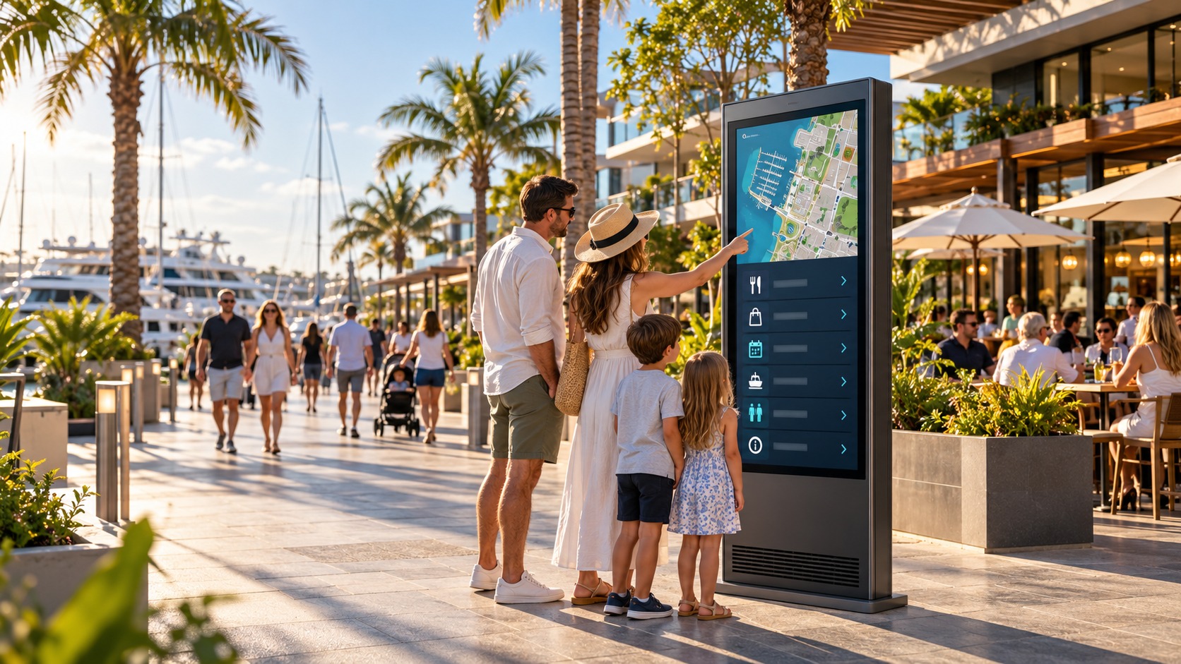 Family engaging with a digital wayfinding display in a public precinct